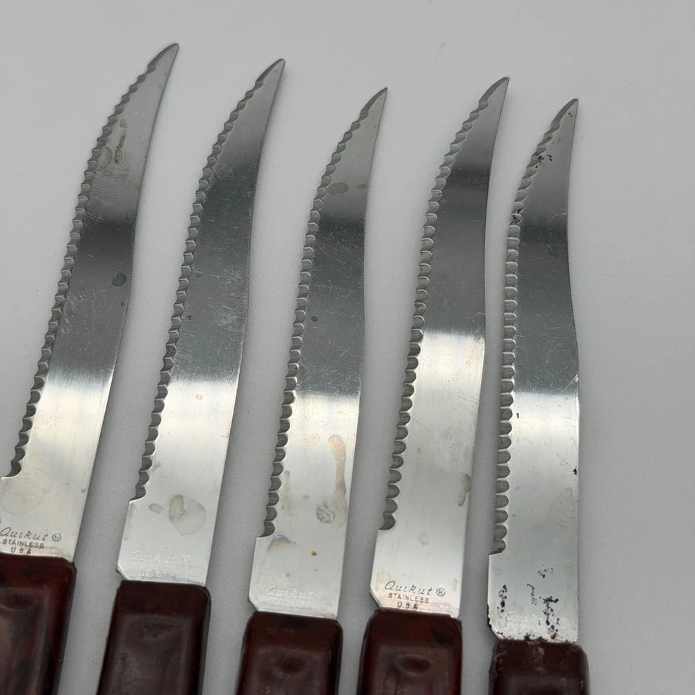 Vintage Quikut Stainless Steel Steak Knives Set of 5 Faux Tortoise Shell USA
